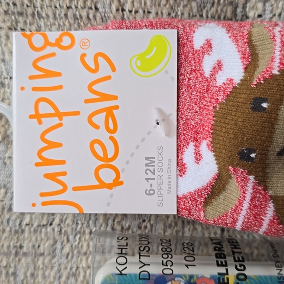 DISNEY AND JUMPING BEANS BABY BUNDLE OF SLIPPER SOCKS AND UTENSILS SET - Picture 3 of 12
